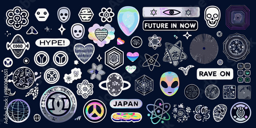 A vibrant collection of stickers featuring skulls aliens and futuristic designs