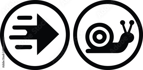 Black and white icons featuring a fast moving arrow next to a slow moving garden snail