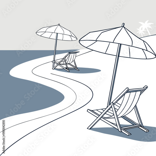 Beach scene with deck chairs and umbrellas on sandy shore by the sea with palm trees in the background illustration