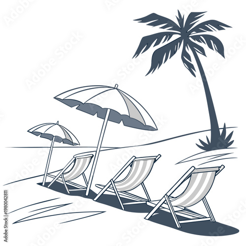 Beach scene with palm tree and deck chairs on sandy shore with umbrellas