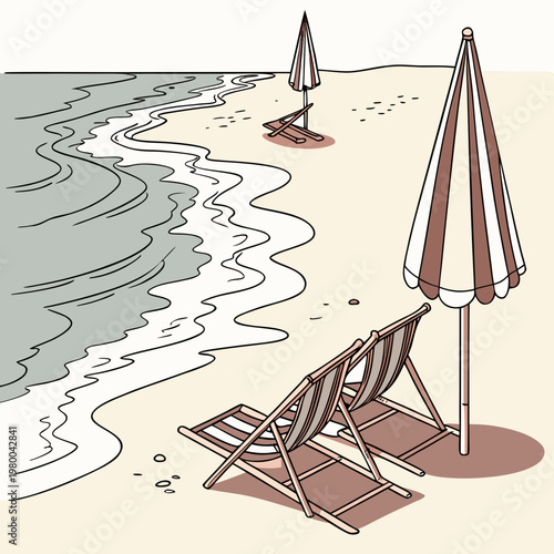 Beach scene with two brown deck chairs and umbrellas on sandy shore by the sea on a sunny day