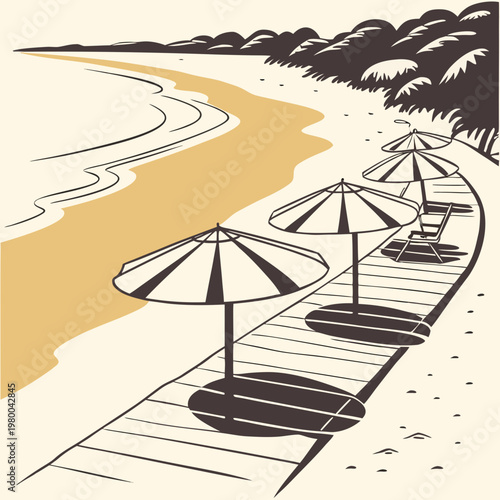 A serene beach scene featuring a wooden pier with umbrellas and palm trees in the background on a sunny day