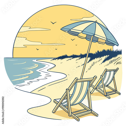 Beach scene with two deck chairs and umbrella at sunset