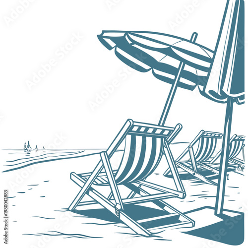 Teal beach scene with striped lounge chairs and umbrellas on sandy shore