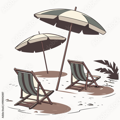 Beach scene with two deck chairs and two umbrellas on sandy shore
