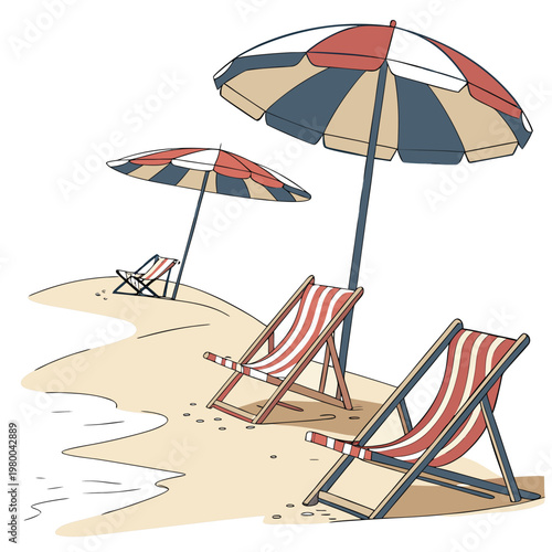 Beach scene with two red and white striped deck chairs and two colorful umbrellas on sandy shore