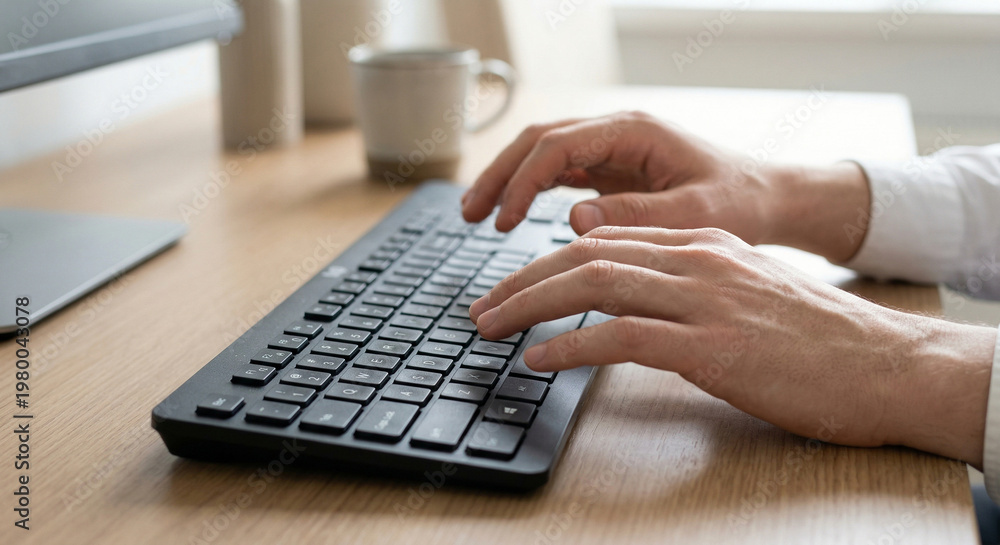 © Jai Izzam - Close up of faceless male hands typing on black keyboard at wooden desk in bright office