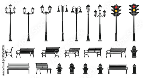 Vintage street furniture set with classic lamp posts, park wooden benches, traffic lights and fire hydrants silhouette collection.
