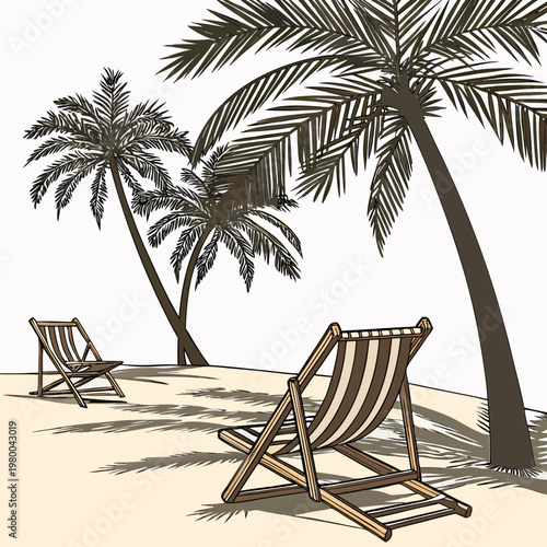 Illustration of two beach chairs on a sandy beach with palm trees
