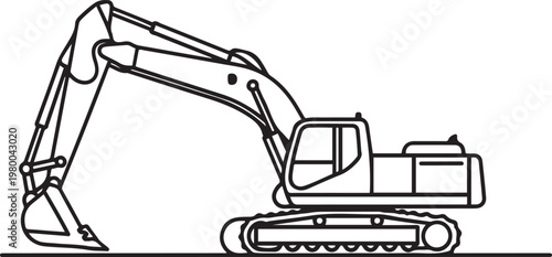 Hydraulic excavator vector illustration in black and white representing earthmoving machinery heavy construction equipment and civil engineering operations