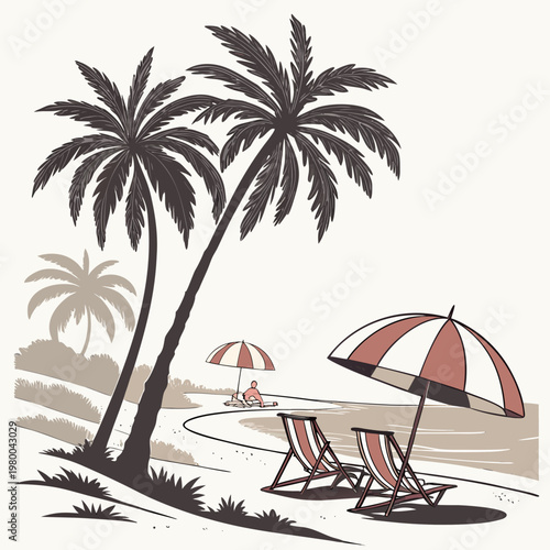 Beach scene with palm trees, deck chairs, and umbrellas on sandy shore by ocean waves on a sunny day