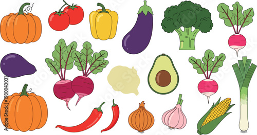 Collection of fresh organic vegetables including pumpkin tomato avocado eggplant broccoli corn onion and more colorful vector illustration
