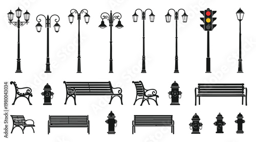 Classic urban furniture collection with decorative street lamps, garden benches, fire hydrants and traffic light silhouettes.
