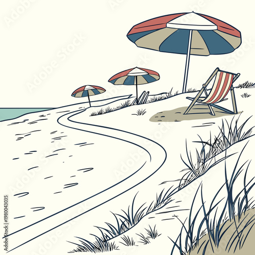 Beach scene with colorful umbrellas and a deck chair on sandy shore by the ocean on a sunny day