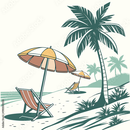 A serene beach scene with palm trees, colorful umbrellas, and comfortable deck chairs on a warm sandy shore with tropical plants