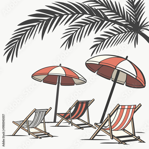 Beach scene with palm tree, deck chairs and umbrellas on a for summer vacation and relaxation concepts