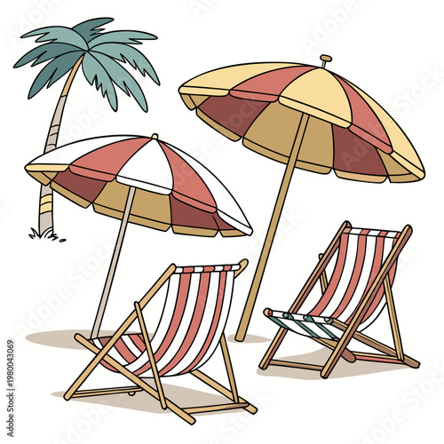 Beach scene with two red and white striped deck chairs and two matching umbrellas under a palm tree