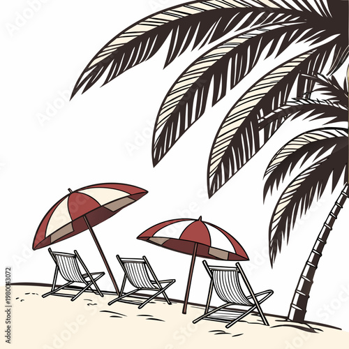 Beach scene with palm tree, deck chairs and umbrellas on sandy shore