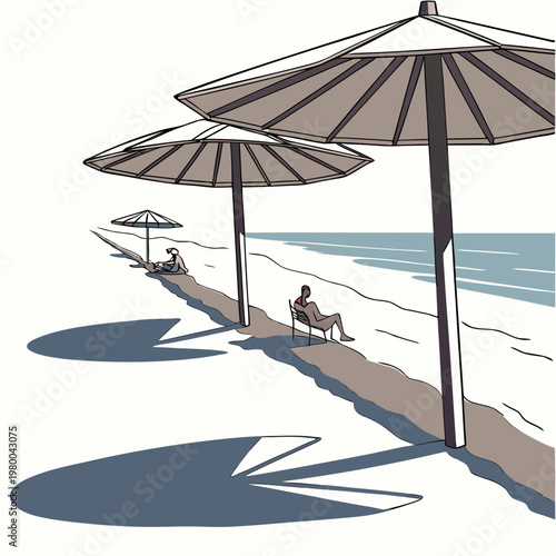 Illustration of people relaxing under beach umbrellas on a sunny day at the ocean shore