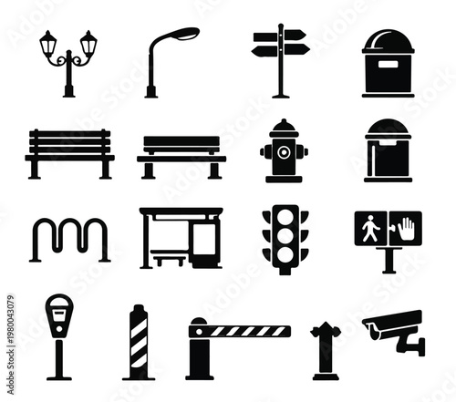City infrastructure and urban furniture set with bus stop, CCTV camera, street lamp, traffic sign and parking meter silhouettes.