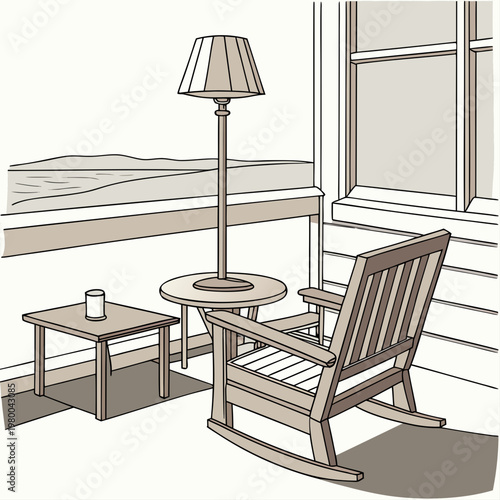 Illustration of a rocking chair and table with a lamp