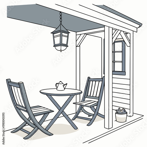 Illustration of a cozy outdoor seating area with a table and chairs under a covered porch with a lantern hanging above