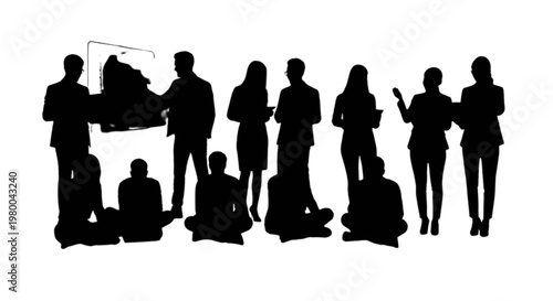 Group of silhouetted people with luggage and devices in casual setting isolated on transparent background, Vector
