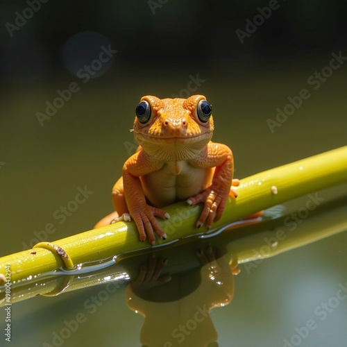 An adorable orange frog with large, expressive eyes sits perched on a bright green bamboo stalk.