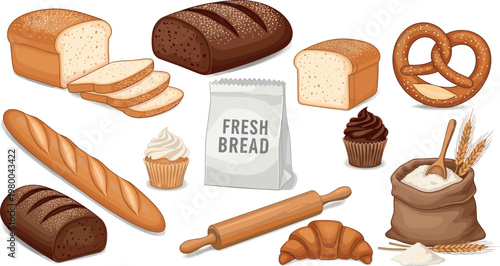Collection of fresh bakery products including bread loaves baguette croissant cupcakes pretzels flour bag and rolling pin
