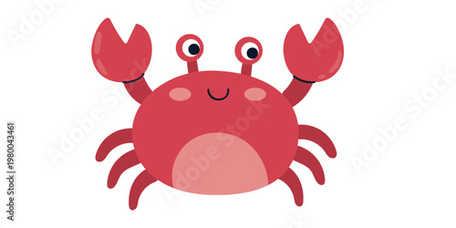 Red crab character, flat vector illustration of a happy marine animal. Kids sea life clip art.