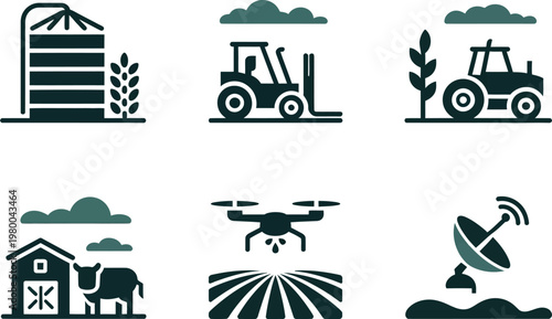 A collection of modern farming icons representing agricultural technology and smart rural sustainable production methods