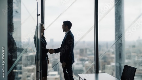 Two professionals shaking hands in a high-rise office with cityscape views