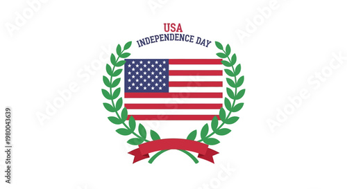USA Independence Day Flag with Laurel Wreath and Ribbon.