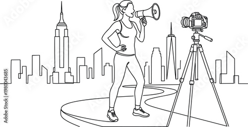 Female vlogger recording video with camera and megaphone in city background, content creator concept, social media influencer and urban broadcasting illustration