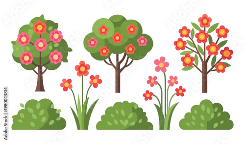 Tropical flowering shrubs vector illustration flat nature set