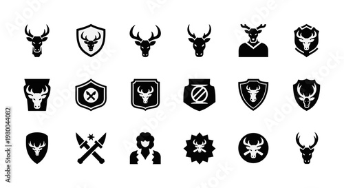 Collection of deer head and shield icons representing hunting and nature themes