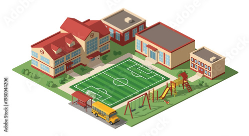 3D isometric view flat style illustration of school building with playground, soccer field, and school bus, active educational environment for children learning