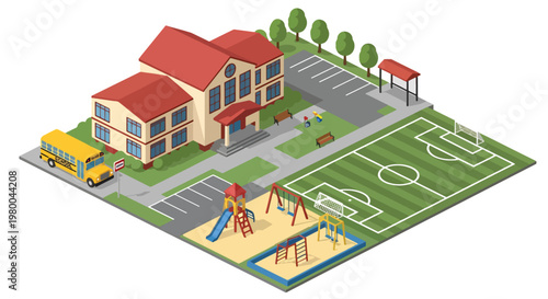 3D isometric view flat style illustration of school building with playground, soccer field, and school bus, active educational environment for children learning