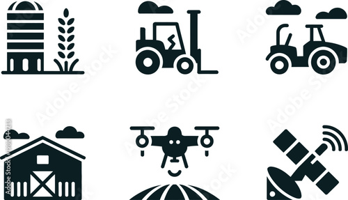Set of modern agricultural icons featuring farming machinery and smart technology for sustainable food production systems