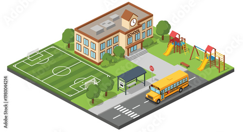 3D isometric view flat style illustration of school building with playground, soccer field, and school bus, active educational environment for children learning