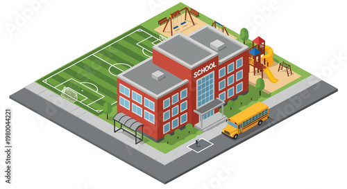 3D isometric view flat style illustration of school building with playground, soccer field, and school bus, active educational environment for children learning