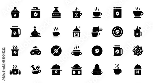 Collection of coffee-related icons and symbols for brewing and enjoyment