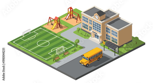 3D isometric view flat style illustration of school building with playground, soccer field, and school bus, active educational environment for children learning