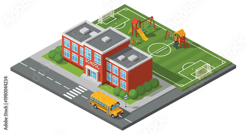 3D isometric view flat style illustration of school building with playground, soccer field, and school bus, active educational environment for children learning