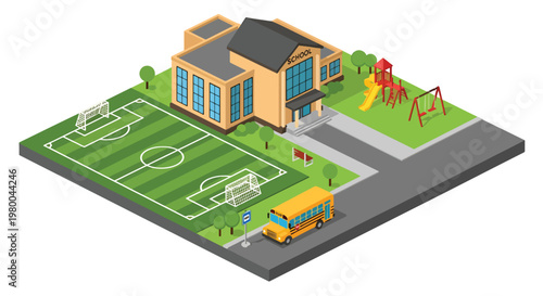 3D isometric view flat style illustration of school building with playground, soccer field, and school bus, active educational environment for children learning