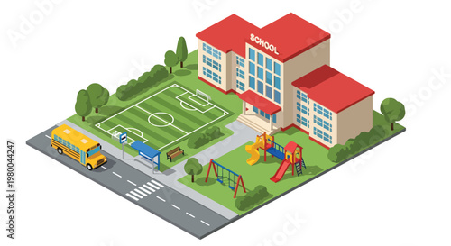3D isometric view flat style illustration of school building with playground, soccer field, and school bus, active educational environment for children learning