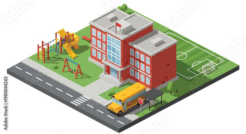 3D isometric view flat style illustration of school building with playground, soccer field, and school bus, active educational environment for children learning