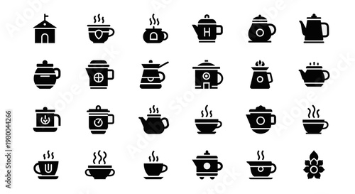 Collection of various hot beverage containers and cups with steam icons
