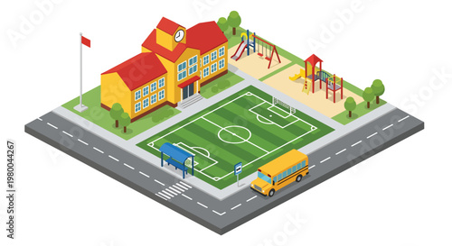 3D isometric view flat style illustration of school building with playground, soccer field, and school bus, active educational environment for children learning