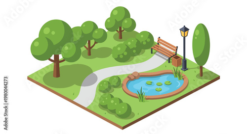3D isometric view flat style illustration of green public park with pond, trees, walking paths and benches, peaceful outdoor urban recreation environment